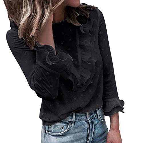 Xmiral Top Camicetta Donna Casual Pizzo A Pois T-Shirt Manica Lunga (S,Nero)