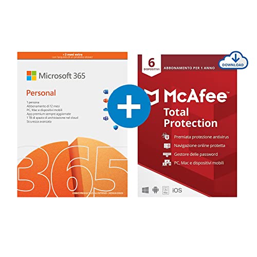 Microsoft 365 Personal | 1 abbonamento annuale |12+3 Mesi | PC/Mac | Codice via email + McAfee Total Protection 2022 | 6 Dispositivi | 1 Utente, 1 Anno | PC/Mac | Codice via email