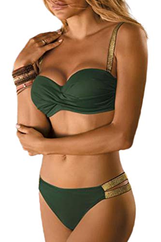 JFAN Donna Costume da Bagno con Cintura Dorata Push Up Imbottito Reggiseno Bikini Sexy Abiti da Spiaggia Moda, Verde - M
