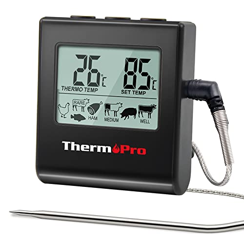 ThermoPro TP16B Termometro da Cucina Digitale Con Ampio Display LCD Per Affumicatori, Forno da Cucina, Barbecue, Grill Termometro Con Timer E Sensore Di Temperatura In Acciaio Inox