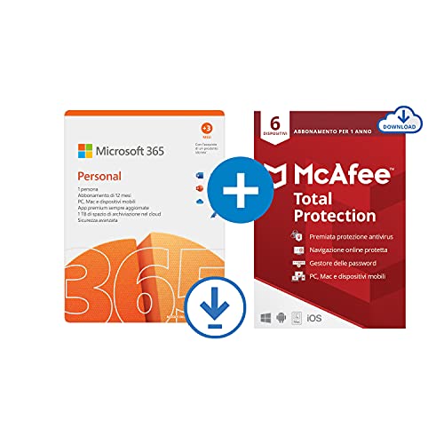 Microsoft 365 Personal | 1 abbonamento annuale |12+3 Mesi | PC/Mac | Codice via email + McAfee Total Protection 2022 | 6 Dispositivi | 1 Utente, 1 Anno | PC/Mac | Codice via email