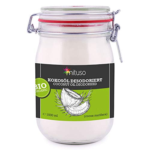 olio di cocco biologico mituso, insapore (deodorato), 1 confezione (1 x 1000 ml) in un bicchiere a clip