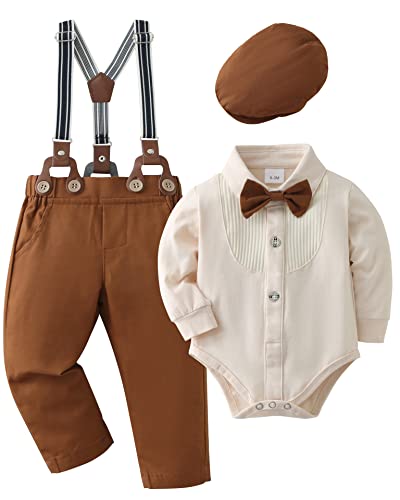 Zoerea Bimbo Neonato Completini Gentiluomo Battesimo Abbigliamento Set Pagliaccetto con Fiocco + Bretelle Pantaloni + Berretti Beige,3-6 mesi