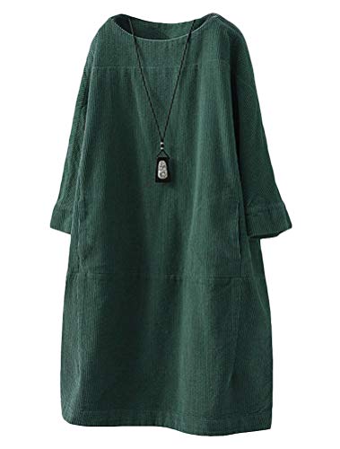 FTCayanz Abito Donna Manica Lunga Oversized Velluto a Coste Vestito Elegante Midi Abiti Verde Scuro XL