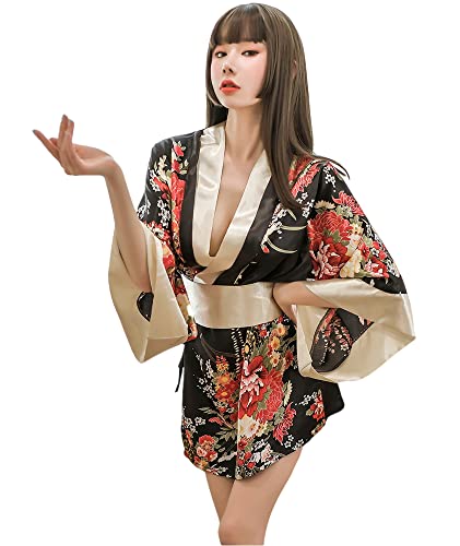 Costume da kimono giapponese tradizionale da donna, stile yukata, pigiama sexy - nero - L