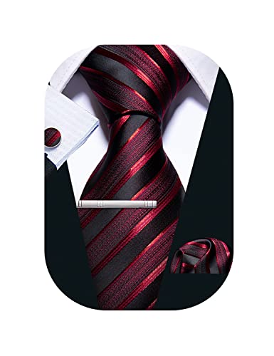 Barry.Wang Cravatta da uomo in seta con fazzoletto gemelli a strisce plaid set di cravatte cerimonia nuziale, nero e rosso, Taglia unica
