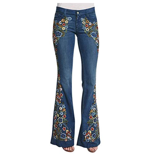 FCWJHNTSL Jeans Donna Ricamo Destoryed Flare Jeans Donna Plus Size Bottone Vita Fondo Campana Pantaloni Denim Pantalones Vaqueros Mujer-Color2_XL