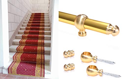Tubo Bacchetta in Alluminio, per Fissaggio tappeti e passatoie su gradini di Scale, con occhioli (90cm, Gold (Kit 1 Stick + 2 Rings))