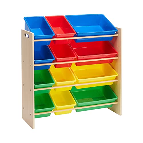 Amazon Basics Organizer per giocattoli per bambini con 12 contenitori in plastica, in legno naturale con contenitori luminosi, 27.7 cm x 85.3 cm x 79 cm
