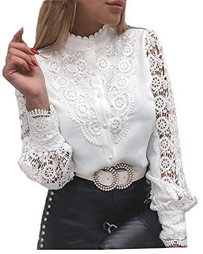 Minetom Donna Camicia Manica Lunga Blusa Elegante Maglietta Camicie in Pizzo Tinta Unita Oversize Scollo a V Shirt Top C Bianco M