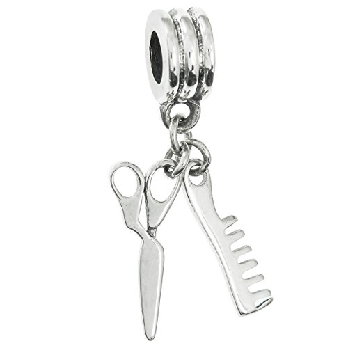 Charm pendente con forbici e pettine da parrucchiere; in argento Sterling, per braccialetti europei