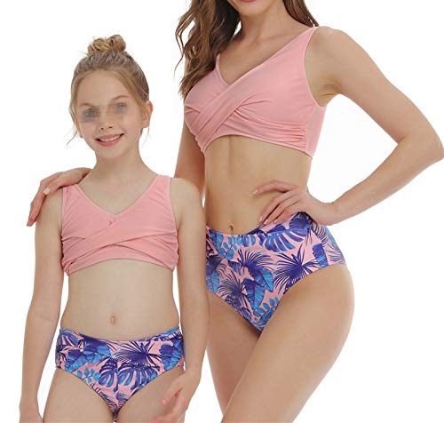 Costume da Bagno per Madre e Figlia Bikini Set 2 Pezzi Crop Top Senza Maniche off-Spalla + Slip a Vita Alta con Stampa Floreale per Spiaggia Mare (B-Rosa, L)