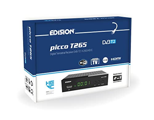 EDISION PICCO T265 - Ricevitore Digitale Terrestre Full HD DVBT2 H265 HEVC 10 Bit Bonus TV, FTA, USB, HDMI, SCART, Sensore IR, Supporto USB WiFi, Telecomando Universale 2in1, Main 10