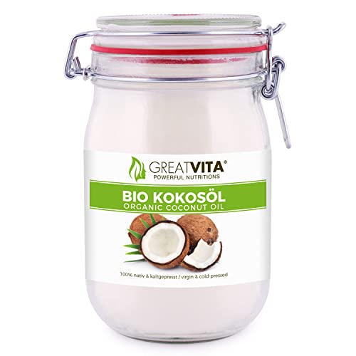 Olio di cocco biologico MeaVita, vergine e spremuto a freddo, confezione da 1 (1x 1000 ml) in un barattolo da stiro