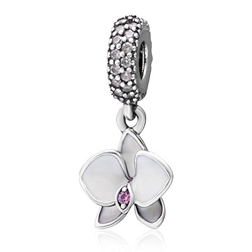 Ciondolo a forma di orchidea, in argento Sterling 925, a forma di fiore, per anniversario, Natale, ciondolo a forma di cuore, per braccialetti Pandora (bianco)