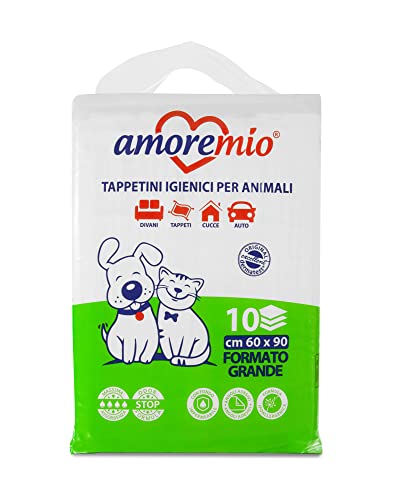 Amore Mio | 10 Tappetini Igienici per Cani, Gatti e Animali Domestici, Super Assorbenti - 1 Confezione da 10 Traversine Cani 60x90 cm