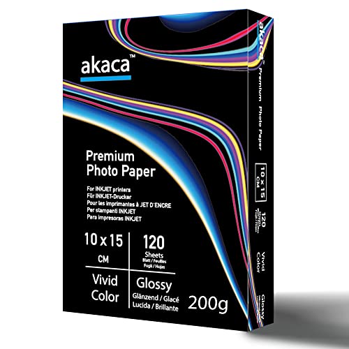 akaca Carta Fotografica Lucida Premium Glossy Photo Paper, 10 x 15 cm, 120 Fogli, 200g, per Tutte Stampanti A Getto d'inchiostro