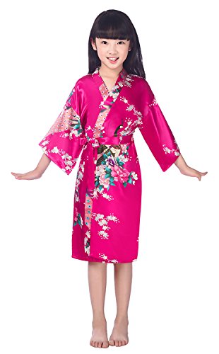 Westkun Kimono Bambina e Ragazze Vestaglia Vestito Cinese Pigiama Accappatoio Giapponese Lunga Estiva Pavone e Fiori Partito Nozze Pigiameria Robe(Rosa Fondata,14)