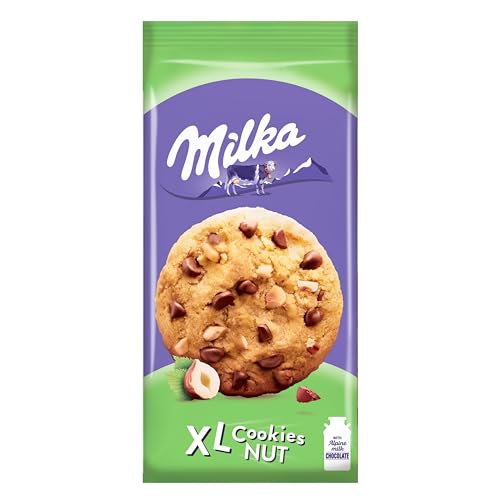 Milka, Cookies XL Nut, Biscotto Croccante con Golose Pepite di Cioccolato al Latte Milka e Nocciole Tostate, con Latte Alpino, Cacao, 184g (8 pezzi da 23g)