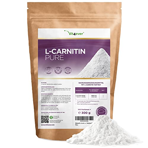 L-Carnitine Pure - 300 g di polvere pura senza additivi - 100% L-Carnitina Tartrato - 100 porzioni con 3000 mg di Carnitina in polvere - Vegan - Alto dosaggio