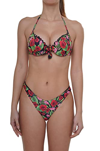 Bikinicolors Bikini Donna Reggiseno Super Push Up con Brasiliana a V (XS, Rose E Fenicotteri)