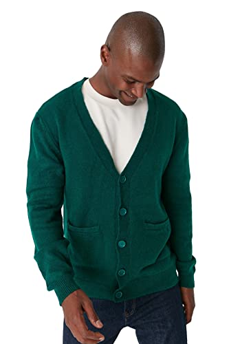 Trendyol Cardigan Uomo Slim Standard con Scollo a V Maglione, Verde Smeraldo