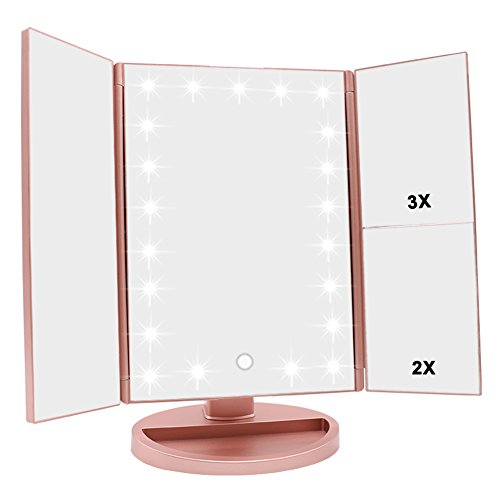 WEILY Specchio di Vanity Trifold dello specchio di trucco illuminato con l'ingrandimento di 1X/2X/3X, le notti naturali del LED, lo schermo di tocco, lo specchio caricabile (Oro Rosa)