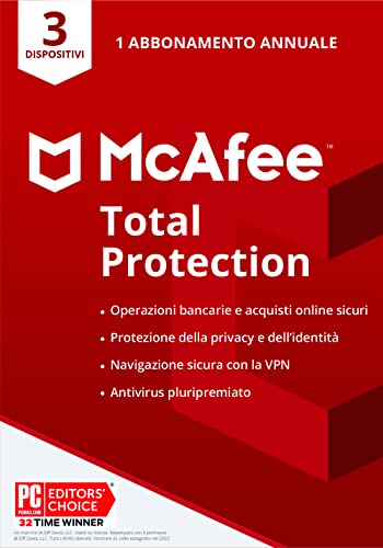 McAfee Total Protection 2022 | 3 dispositivi | Software antivirus e di sicurezza Internet | Include VPN, gestore delle passwordb | PC/Mac/Android/iOS | Abbonamento di 1 anno | Via posta