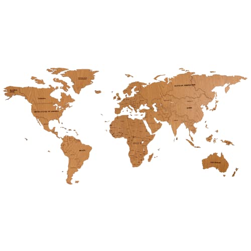 Mappa del mondo 3D in legno | Decorazione d'arte per parete | Mappa di viaggi per parete. Idea Eccellente Come Regalo o Come Decorazione muraria - Ufficio, Cucina, Salotto (125 x 59 cm, Marrone)