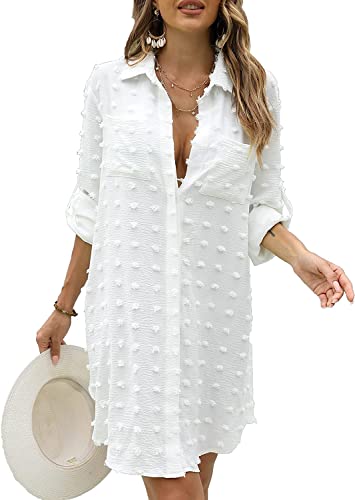 LATH.PIN Copricostumi da Bagno Camicetta Bianco Donna Bikini Cover Up Tshirt Elegante Abito da Bagno Chiffon Costume Mare Spiaggia Estate (White-2)
