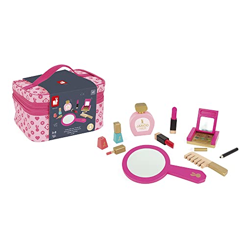 Janod - P'tite Miss Vanity Case for Children - 9 Solid Wood Accessories Included - Pretend Play Toy Beauty and Cosmetic, J06514, Pink