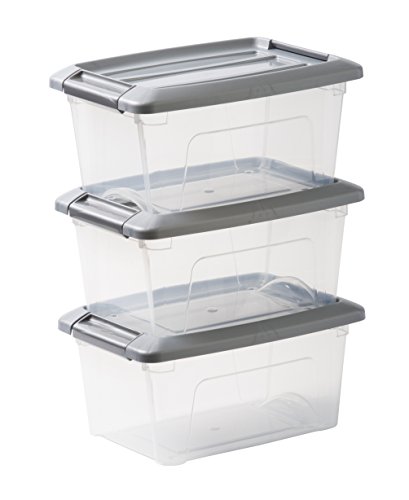 Amazon Basics Set di 3 scatole di immagazzinaggio, 5 L, con chiusura a scatto, impilabile, soggiorno, camera da letto, Garage - New Top Box NTB-5 - Argenteo / Transparente