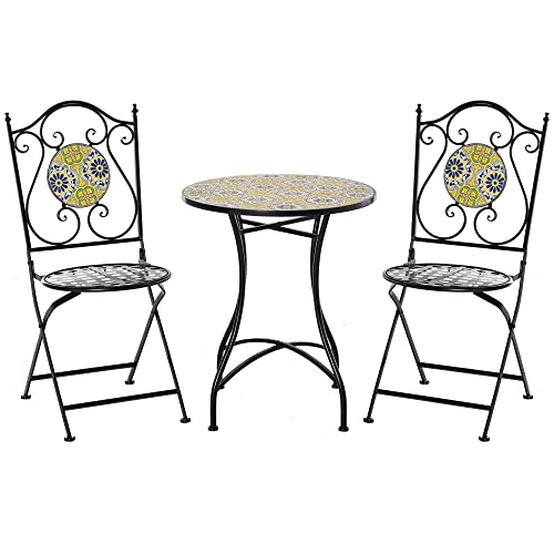 Outsunny Set Tavolo e Sedie da Giardino 3 Pezzi, Mobili da Esterno Pieghevoli in Metallo con Maioliche Colorate, Multicolore
