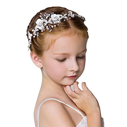 IYOU Fascia per capelli da comunione con fiore bianco Coroncina da principessa in cristallo Accessori per capelli con perle di strass Ragazze e bambina