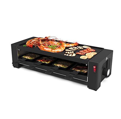 SUNTEC Raclette Grill RAC-8625 turbo raclette – barbecue da tavolo per 8 persone – funzione per pizza – set da 8 tegamini piccoli + 4 tegamini grandi per pizza + 8 spatole – griglia doppia – 1450 watt