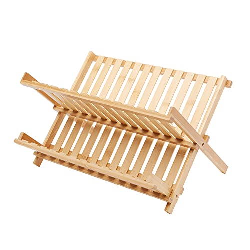 Amazon Basics - Scolapiatti in bambù con barre piatte, pieghevole, a 2 livelli