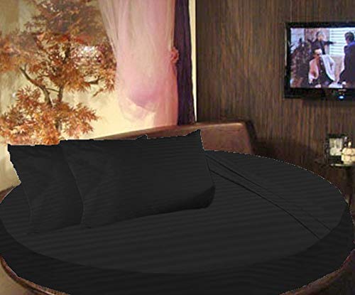 Biancheria da letto, 6 pezzi, set di lenzuola rotonde a righe in cotone egiziano 600 TC (diametro 223 cm, colore nero)