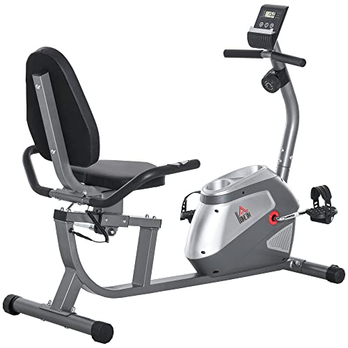 homcom Cyclette Orizzontale con Schienale e Seduta Regolabile, Cyclette Cardio con 8 Resistenze e Monitor LCD, 121.5-136x62.5x98cm, Grigio