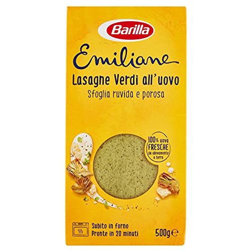 Barilla Pasta Le Emiliane Lasagne Verdi, Pasta all' Uovo con 100% Uova Fresche Italiane e Spinaci, Sfoglia Porosa e Delicata, 500 g
