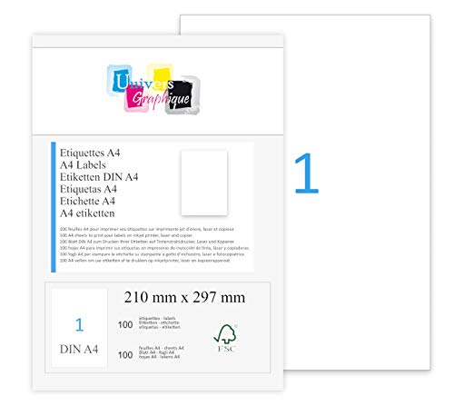 UniversGraphique, 100 Etichette Adesive A4, Colore Bianco, 210 x 297 mm