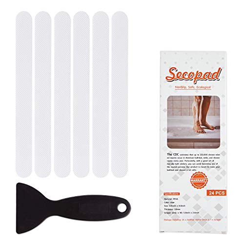 Secopad - 24 adesivi antiscivolo per doccia e vasca da bagno; strisce adesive di sicurezza con raschietto di alta qualità