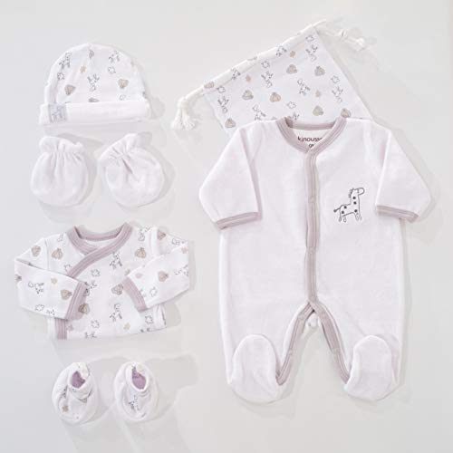 KINOUSSES - Set nascita 6 pezzi - 1 mese - Velluto bianco - Motivo: giraffa - (pigiama, body, berretto, guantini, scarpine e sacchetto per riporre il tutto) - Regalo neonato unisex maschio e femmina
