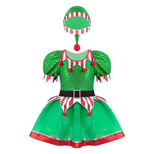 TiaoBug Costume da Elfo Bambina Tutu Paillettes Vestito da Elfo Costume Natalizio Babbo Natale Cappello Vestito Danza Classica Ballerina Cosplay Elfo Regalo di Natale Verde 16 Anni