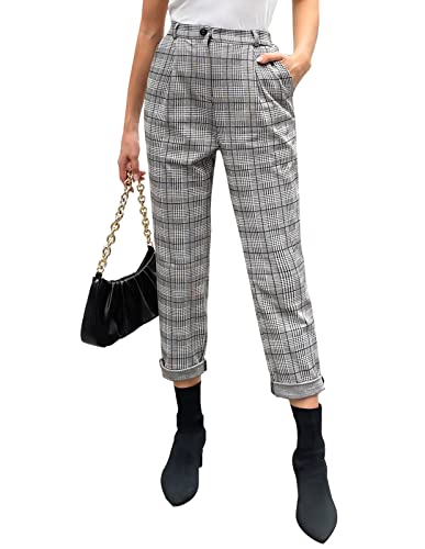 GRACE KARIN Pantaloni casual a righe a contrasto scozzesi a vita alta da donna con tasche, Plaid nero e grigio., L