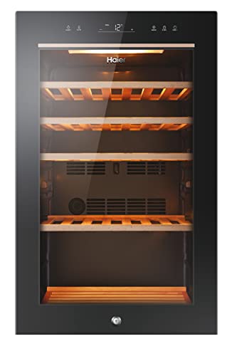 Haier Wine Bank 50 Series 5 Cantinetta Vino Refrigerata, 49 Bottiglie, Luci a LED e Vetro anti UV, Ripiani in Legno, 37 dBa, Libera Installazione, 47 * 58 * 82 cm, Nero