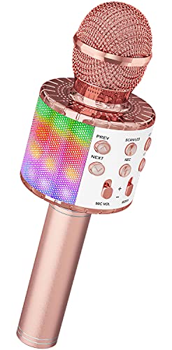 Microfono Karaoke Ankuka Microfono Bambini Bluetooth con Luci LED Bambini Regalo Giocattoli Bambini Microfono Cambia Voce Altoparlante con Funzione Eco, Compatibile con Android, iOS, PC Oro Rosa