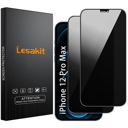 Lesakit 2 Pezzi Privacy Pellicola Protettiva per iPhone 12 Pro Max 6,7 Pollici, Anti Spy in Vetro Temperato, Anti-Impronta, Durezza 9H, Compatibile con Cover, No Bolle
