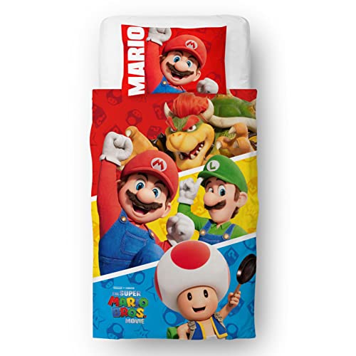 Character World Nintendo Super Mario Movie - Set copripiumino per letto singolo per bambini, reversibile, design Jump Design 2 lati, con federe abbinate, set da letto singolo, in policotone
