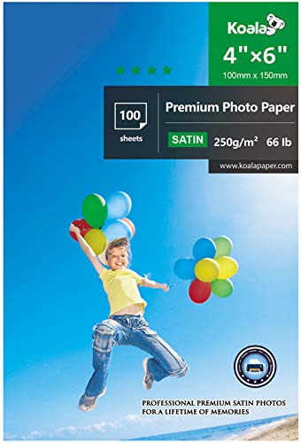 KOALA - Carta fotografica Satinata 4x6 pollici, 10x15 cm, 250 g/m², 100 fogli con rivestimento in resina satinata avanzata per stampanti a getto d'inchiostro Canon Hp Epson