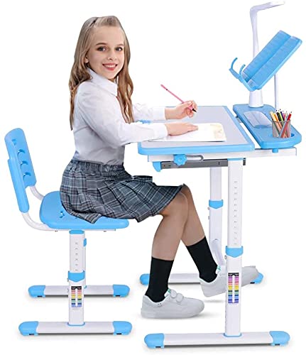 Set di scrivania per bambini con lampada, regolabile in altezza, scrivania per bambini con sedia, telaio di lettura e cassetto, per cassetti da scrivania ribaltabili, per 6-12 anni, blu